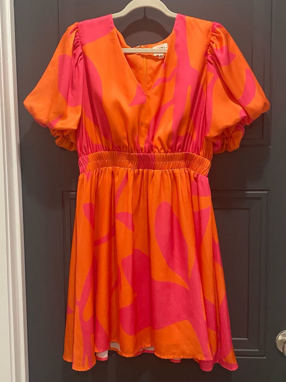 BiBi Orange & Pink V-Neck Puff Sleeve Casual Dress
